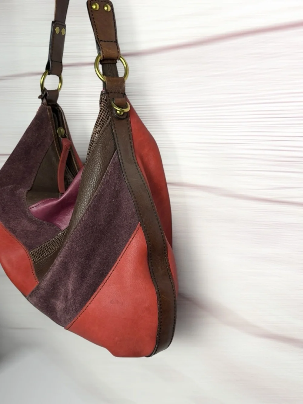 Fossil Patchwork Leather Hobo Bag Multicolor Brown Red Boho Key Charm Vintage